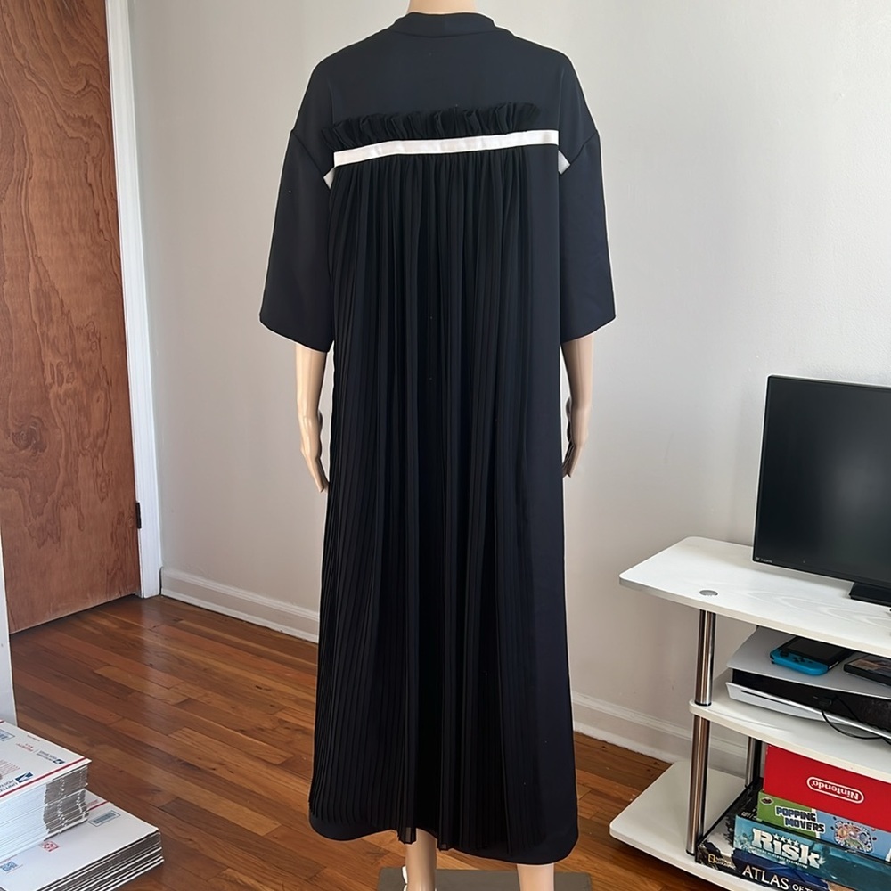 ADEAM Black V-Neck Short Sleeve Pleated Asymmetric Hem Long Tent Dress M - Picture 10 of 16